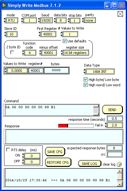 RTU/ASCII Master Tool - Write Window Screenshot